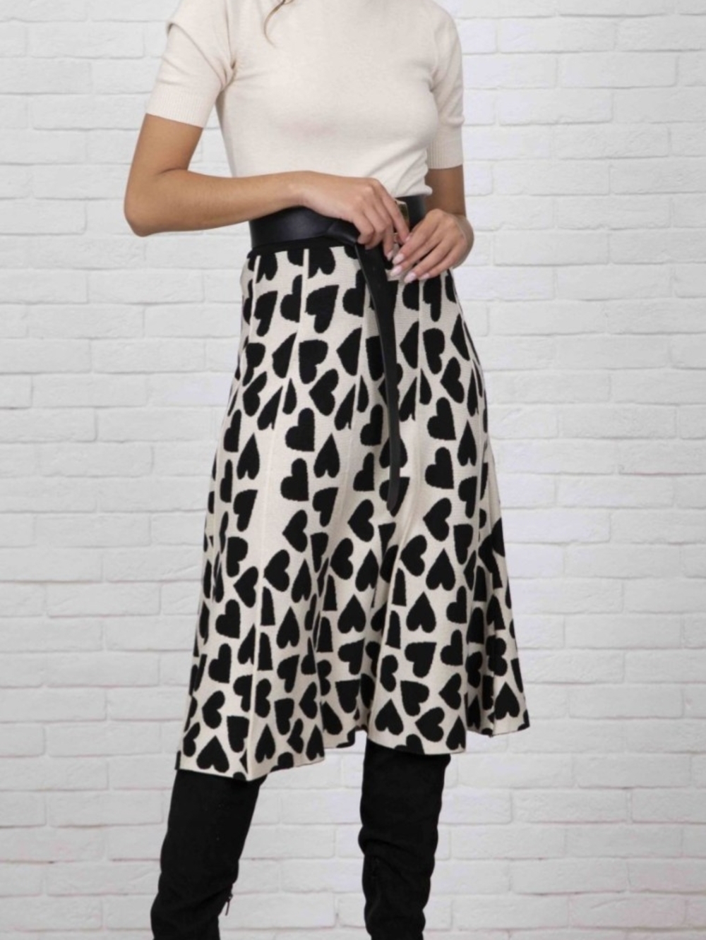 Chicwish Cream Midi Skirt with Black Heart Print